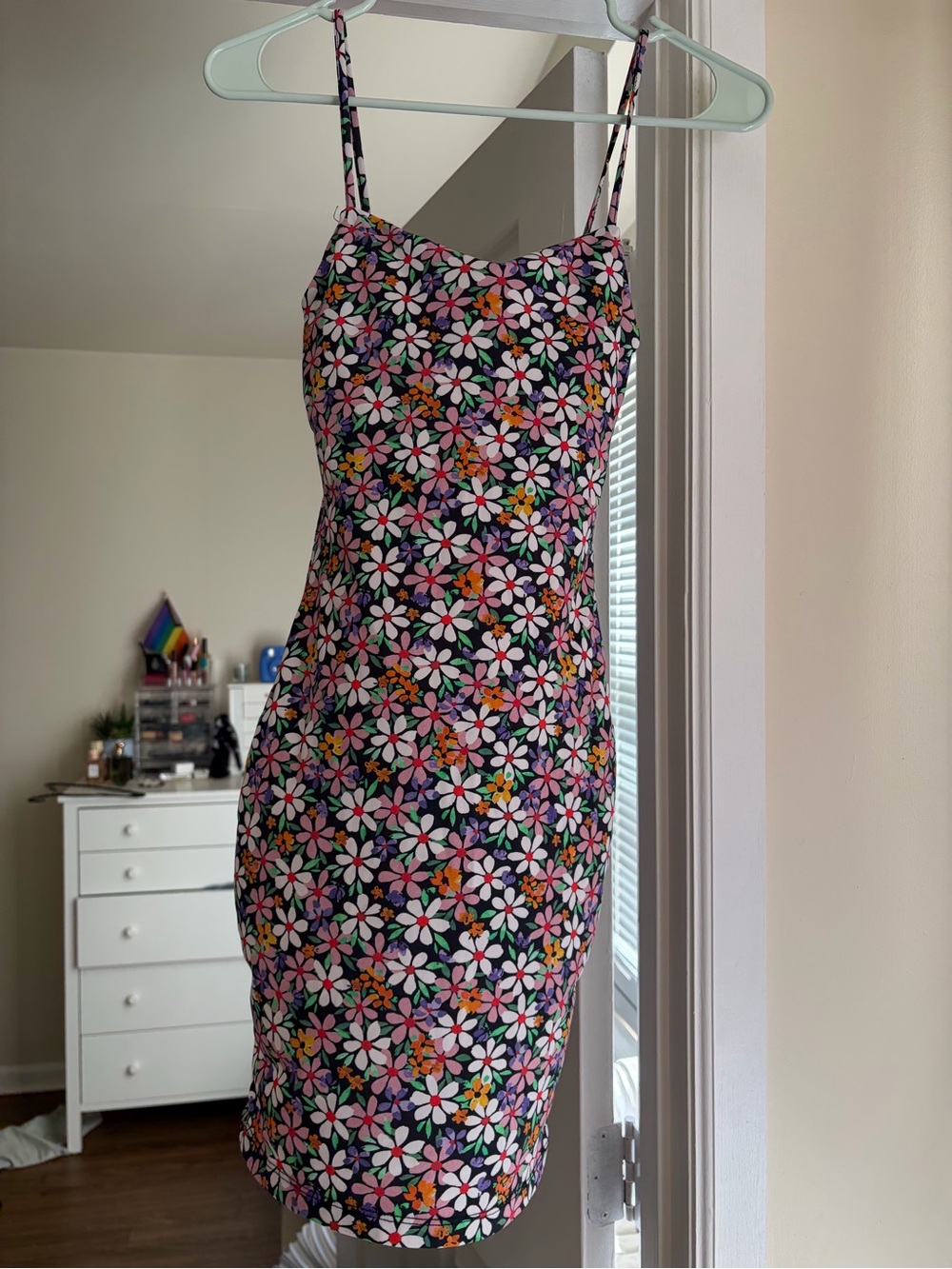 Zara Black Floral Daisy Mini Dress with Pink, White & Orange Accents